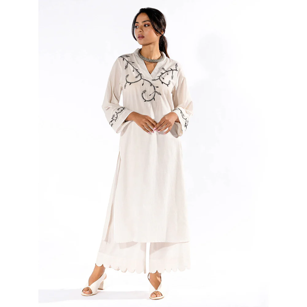 PANTS AND PAJAMAS White Chikan Cotton Kurta & Palazzo (Set of 2) - Image 2