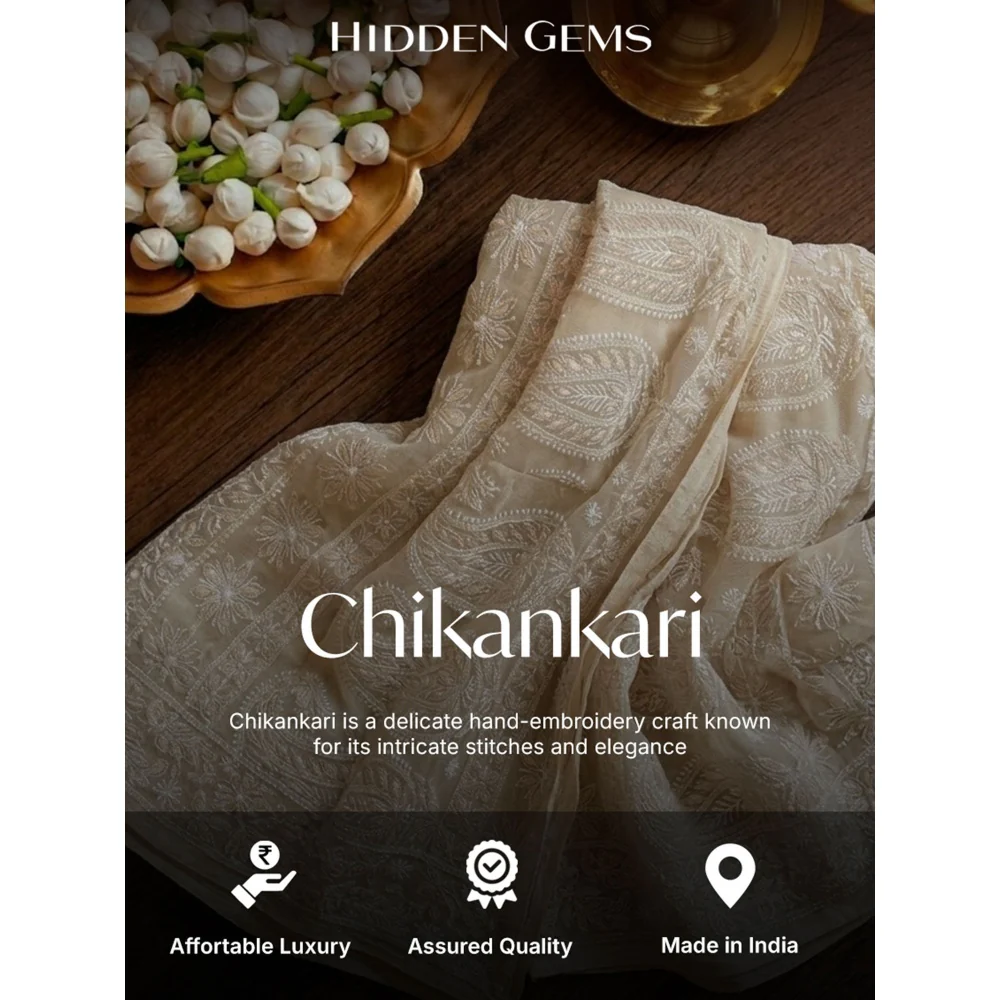PANTS AND PAJAMAS White Chikan Cotton Kurta & Palazzo (Set of 2) - Image 4