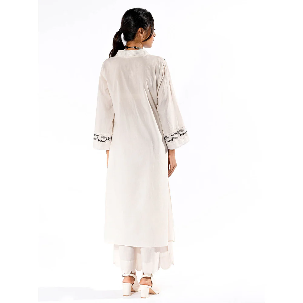 PANTS AND PAJAMAS White Chikan Cotton Kurta & Palazzo (Set of 2) - Image 7