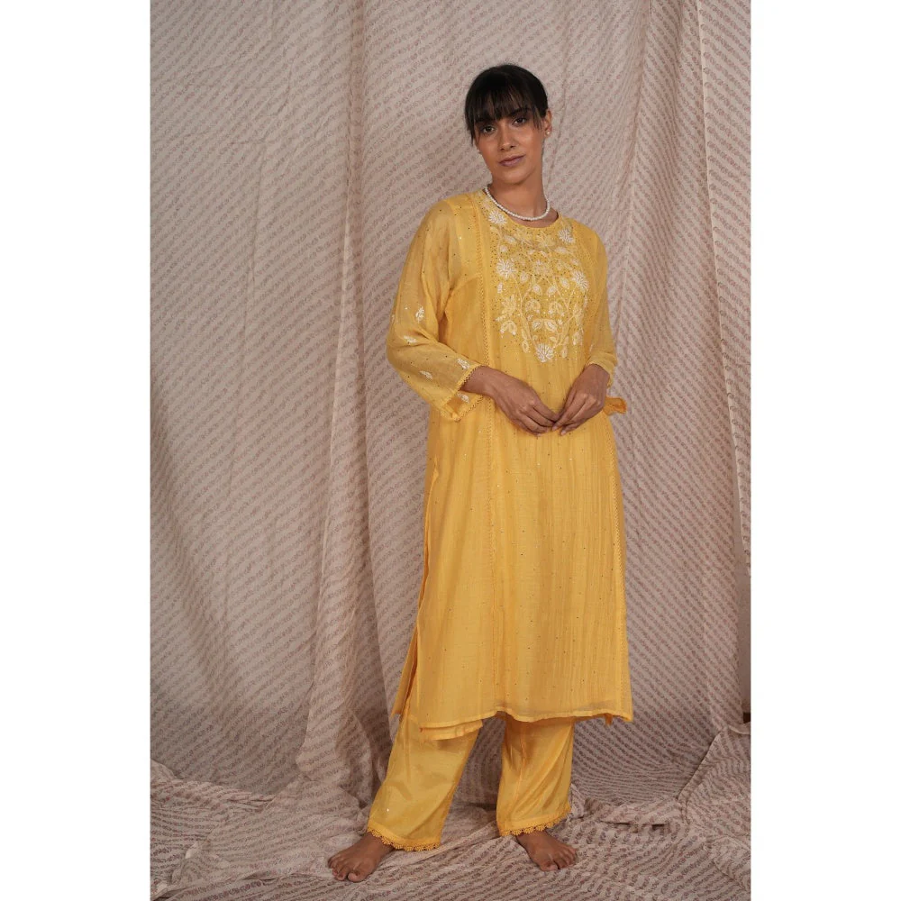 PANTS AND PAJAMAS Yellow Chikan Embroidered Kurta (Set of 3) - Image 2