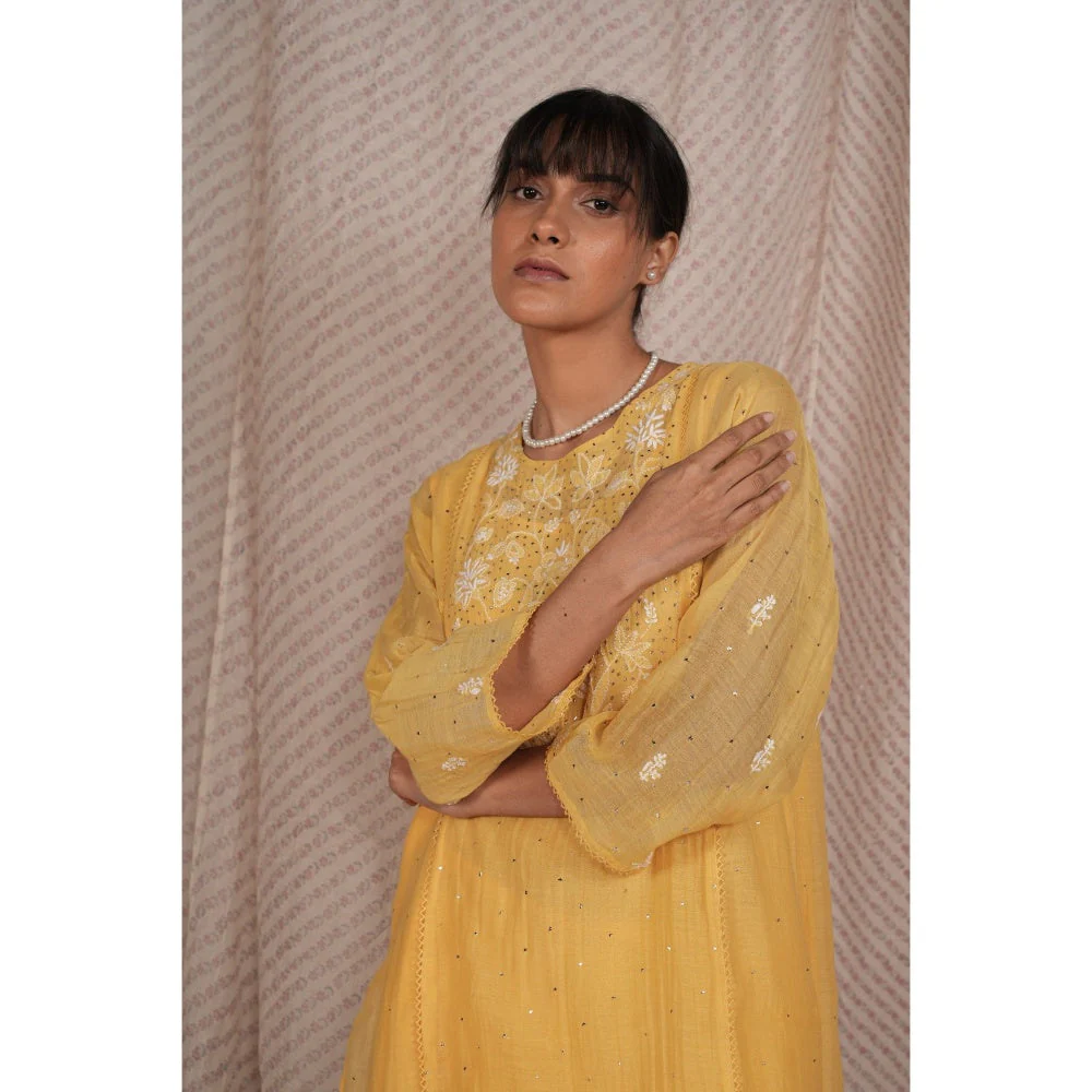PANTS AND PAJAMAS Yellow Chikan Embroidered Kurta (Set of 3) - Image 5