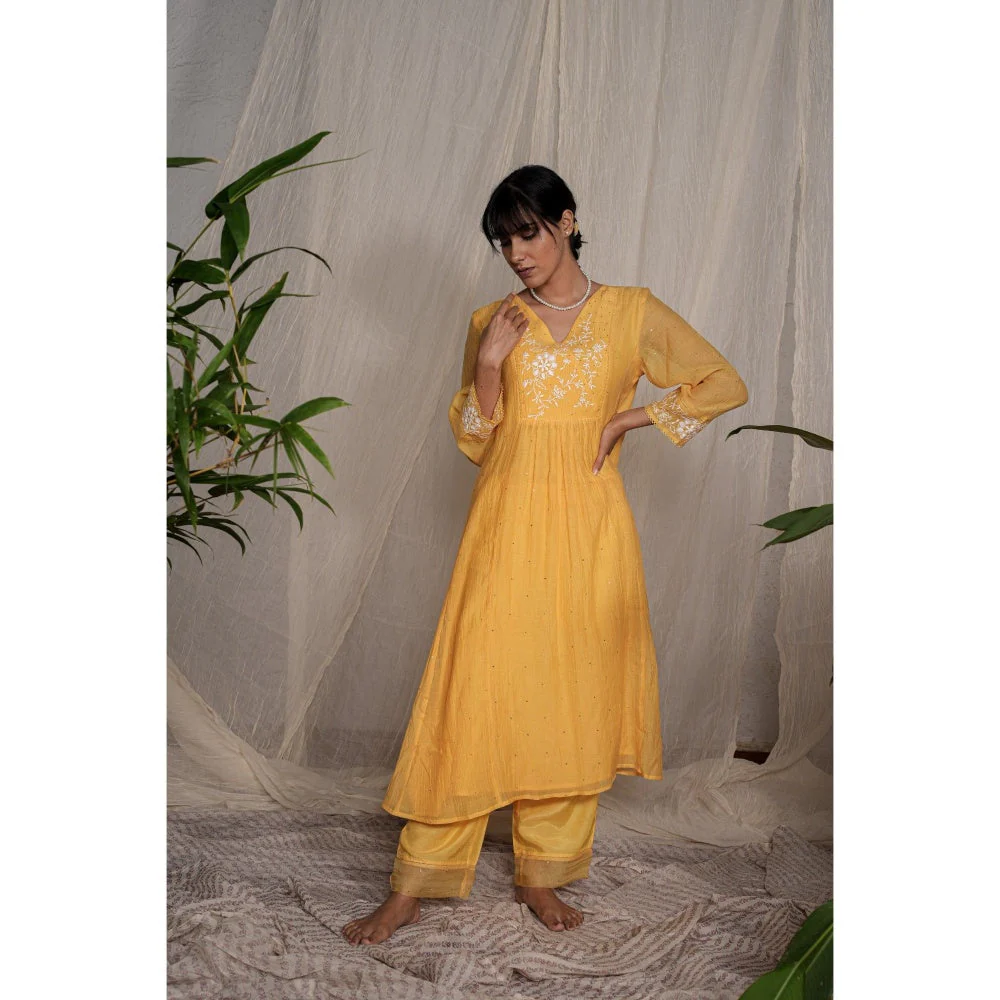 PANTS AND PAJAMAS Yellow Chikan Embroidered Kurta (Set of 3) - Image 4