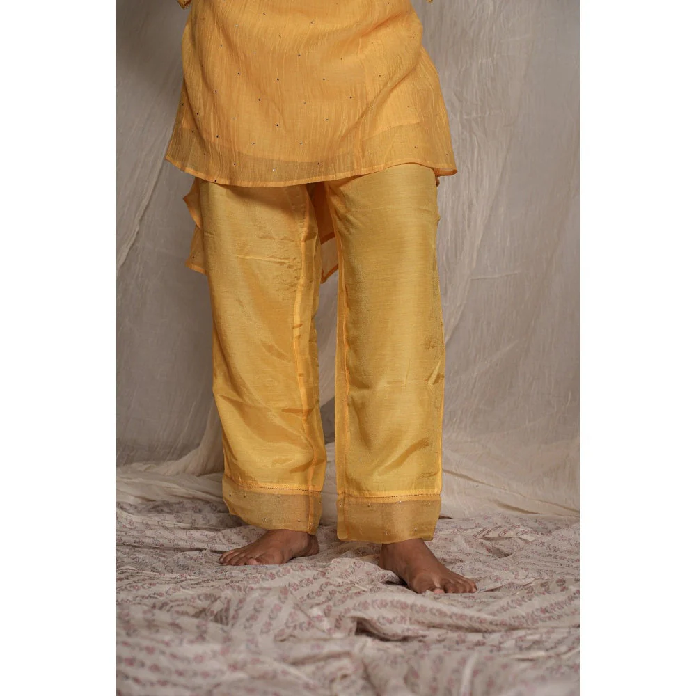 PANTS AND PAJAMAS Yellow Chikan Embroidered Kurta (Set of 3) - Image 6