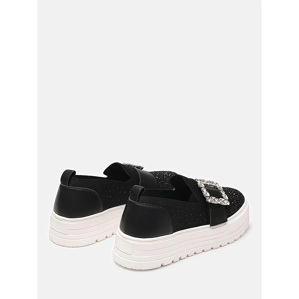 PAZZION Women Black Callie Crystal Stretch-Knit Platform Sneakers - Image 2