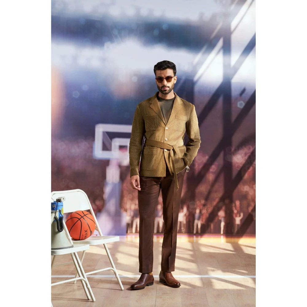 Philocaly Men Olive Notched Lapel Textured Shacket with Belt - Image 2