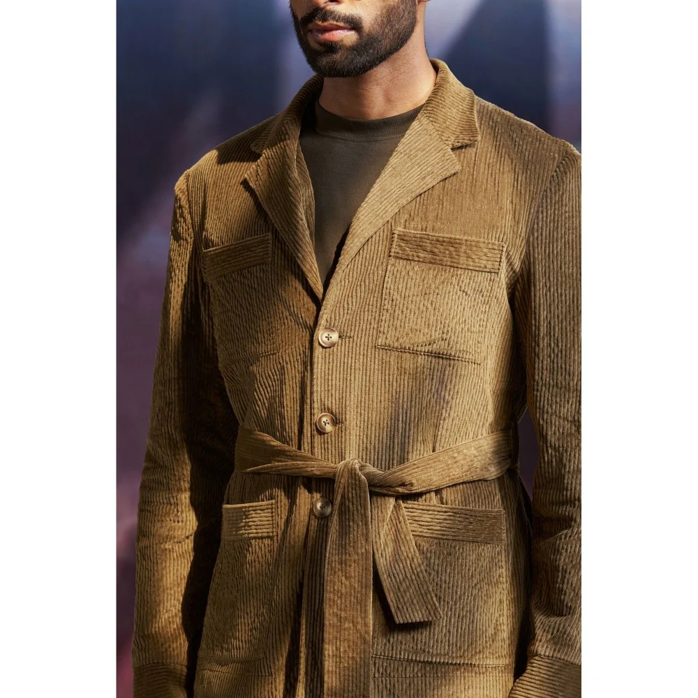 Philocaly Men Olive Notched Lapel Textured Shacket with Belt - Image 3
