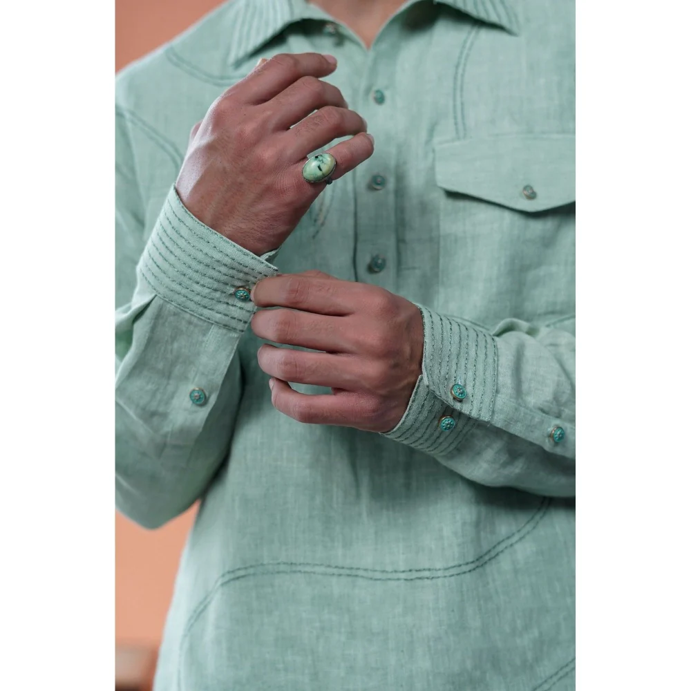 Philocaly Men Samudra Green Linen Collar Neck Thread Work Kurta - Image 2