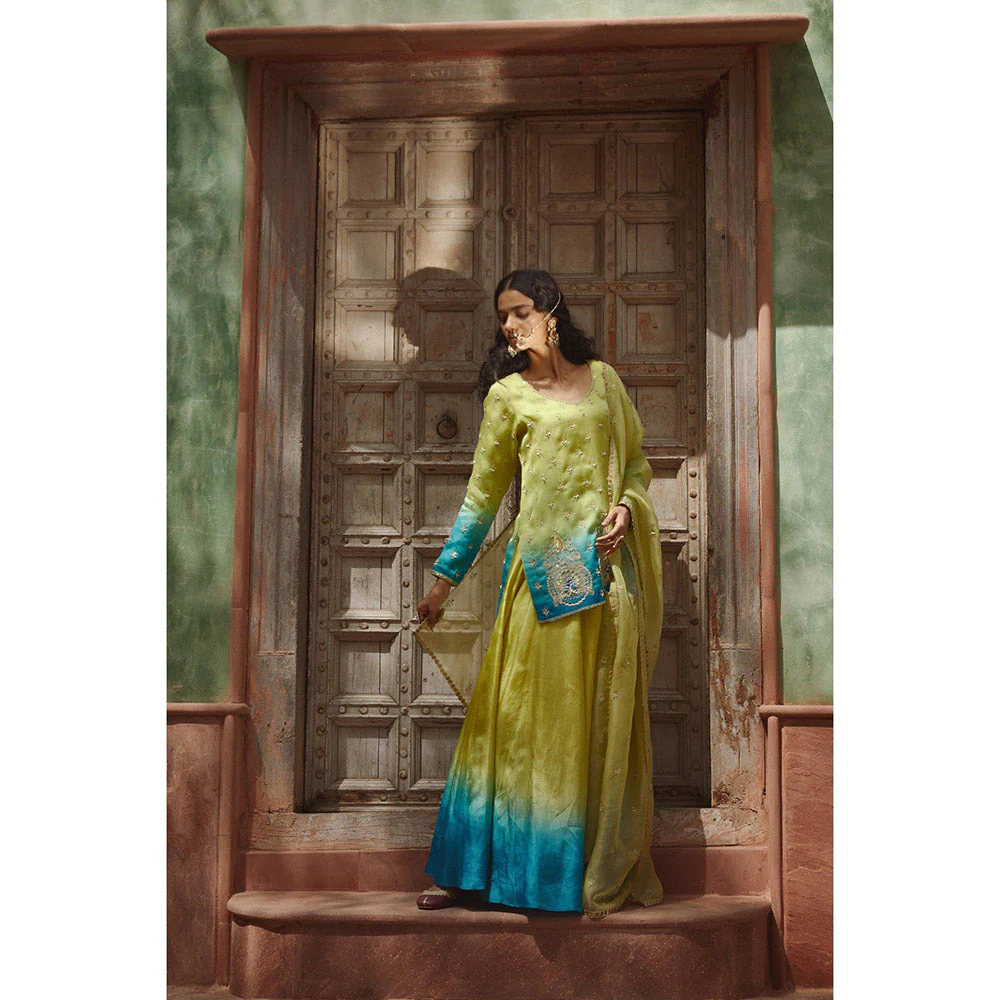 PRATIBHA SULTANIA Green & Firozi Ombre Kurta with Palazzo & Dupatta (Set of 3) - Image 6