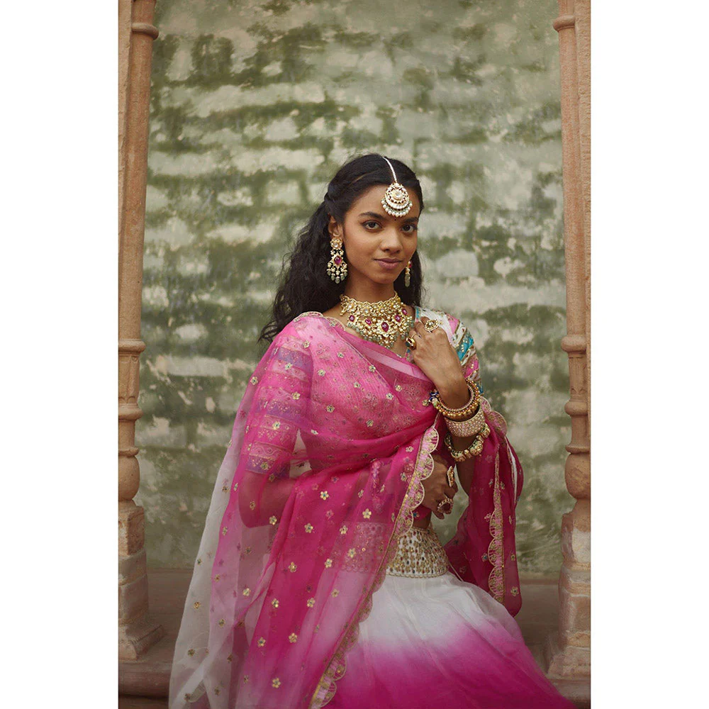 PRATIBHA SULTANIA Pink Lehenga with Striped Sleeves Choli & Dupatta (Set of 3) - Image 7