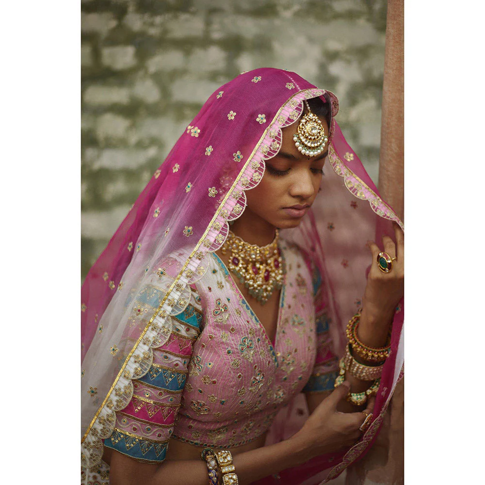 PRATIBHA SULTANIA Pink Lehenga with Striped Sleeves Choli & Dupatta (Set of 3) - Image 8