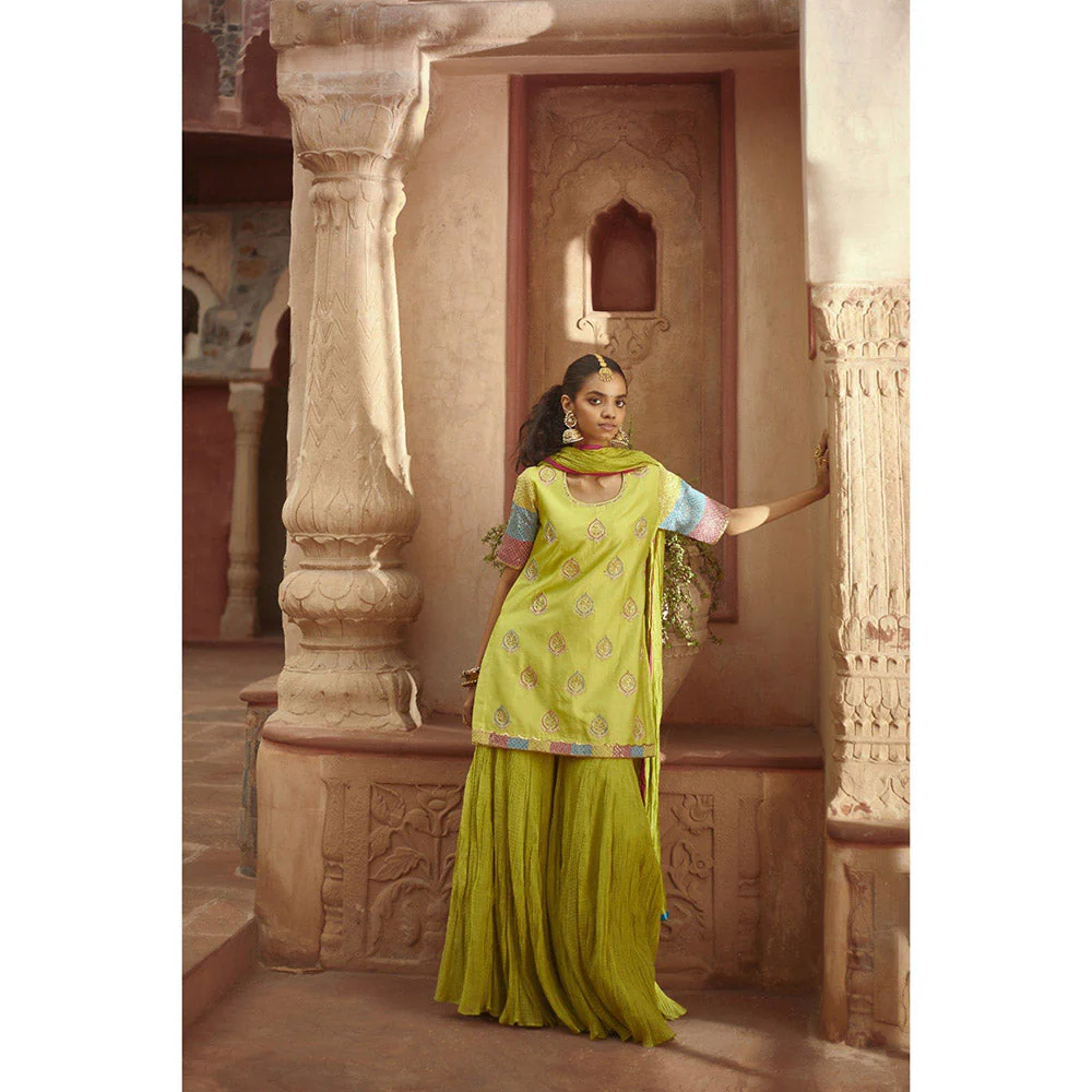 PRATIBHA SULTANIA Three Color Jaali Sleeve Kurta with Wrinkled Sharara & Dupatta (Set of 3) - Image 7
