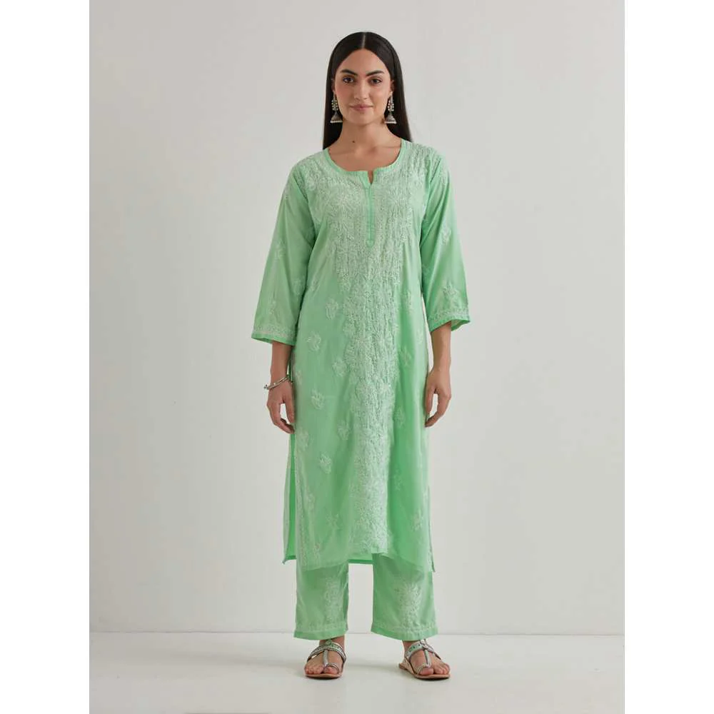 Priya Chaudhary Cotton Embroidered Green Kurta with Pant and Dupatta (Set of 3) - Image 2