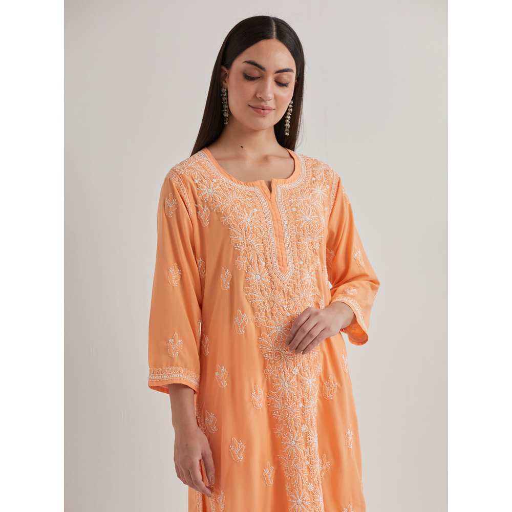 Priya Chaudhary Cotton Embroidered Orange Kurta with Pant and Dupatta (Set of 3) - Image 4