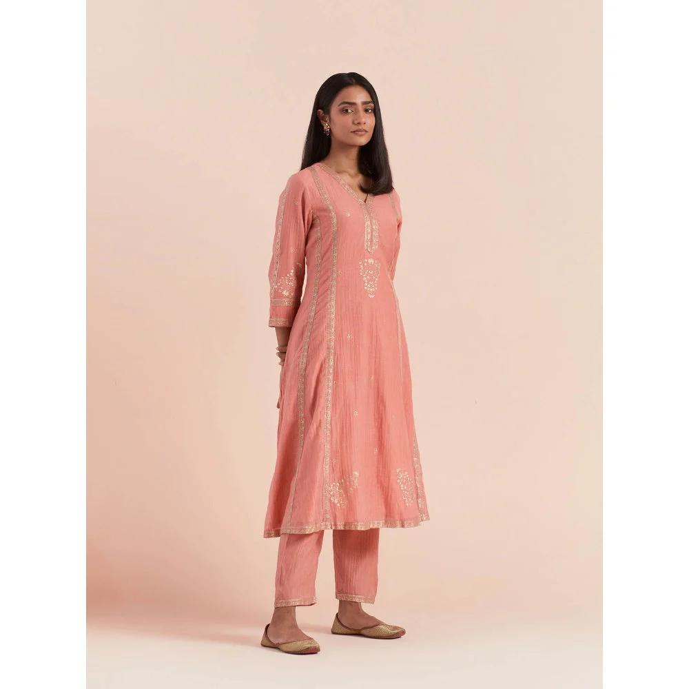 Priya Chaudhary Peach Soft Chanderi Kurta with Pants and Dupatta (Set of 3) - Image 5