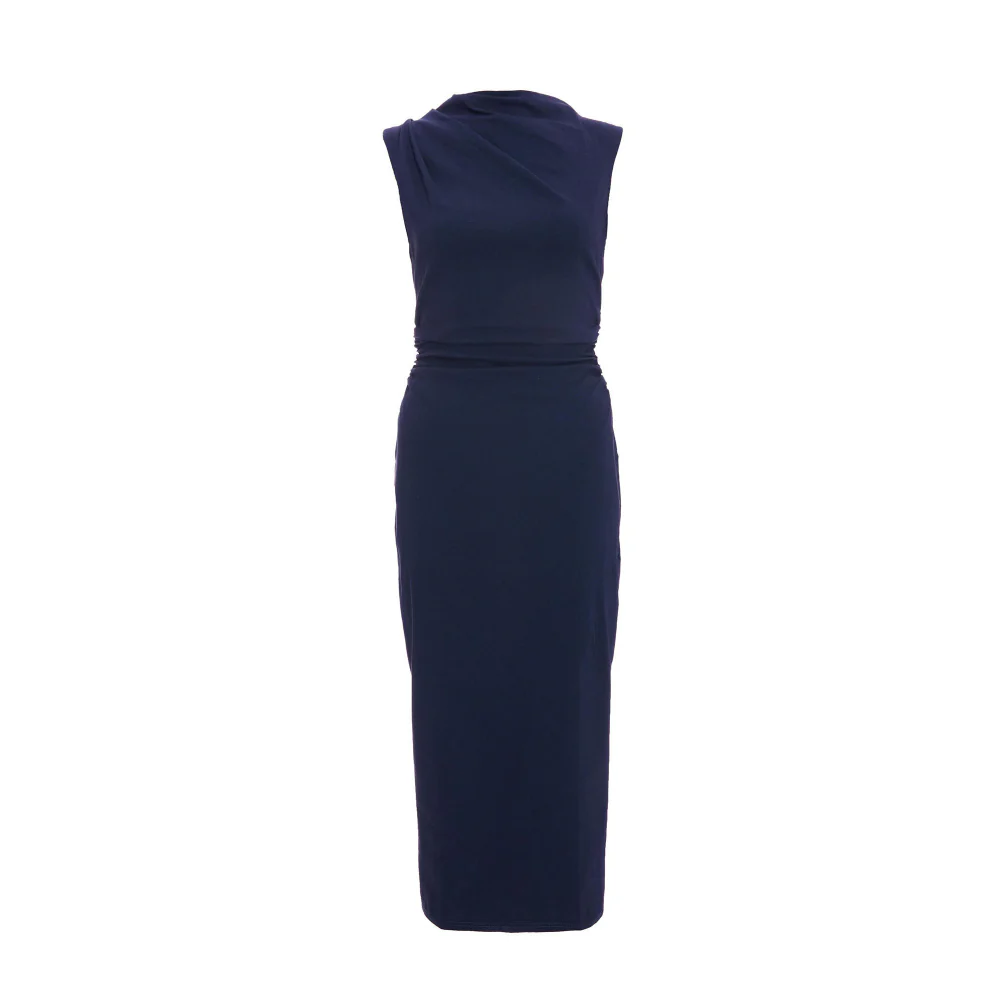 Quiz Clothing Blue High Neck Ruched Sleeveless Bodycon Midi Dress - Image 4
