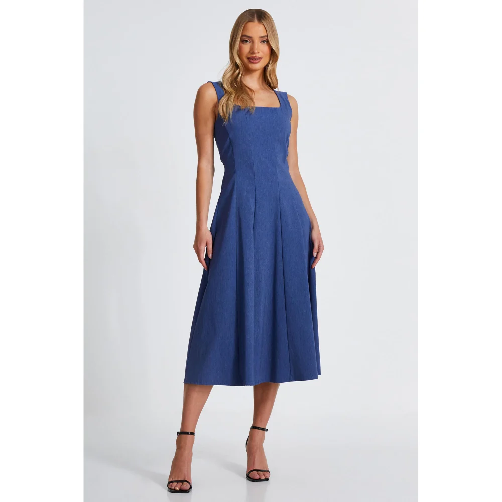 Quiz Clothing Blue Square Neck Sleeveless Fit And Flared Midi Dress