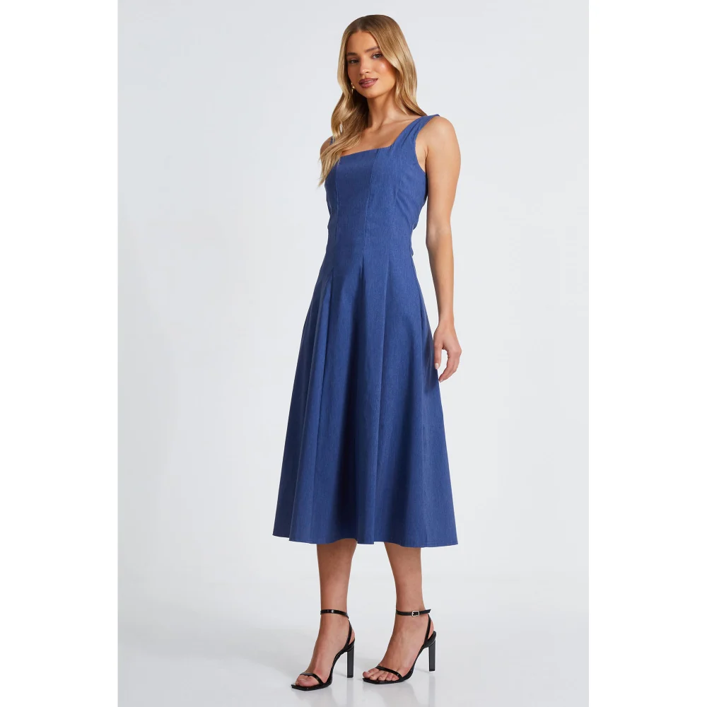 Quiz Clothing Blue Square Neck Sleeveless Fit And Flared Midi Dress - Image 2