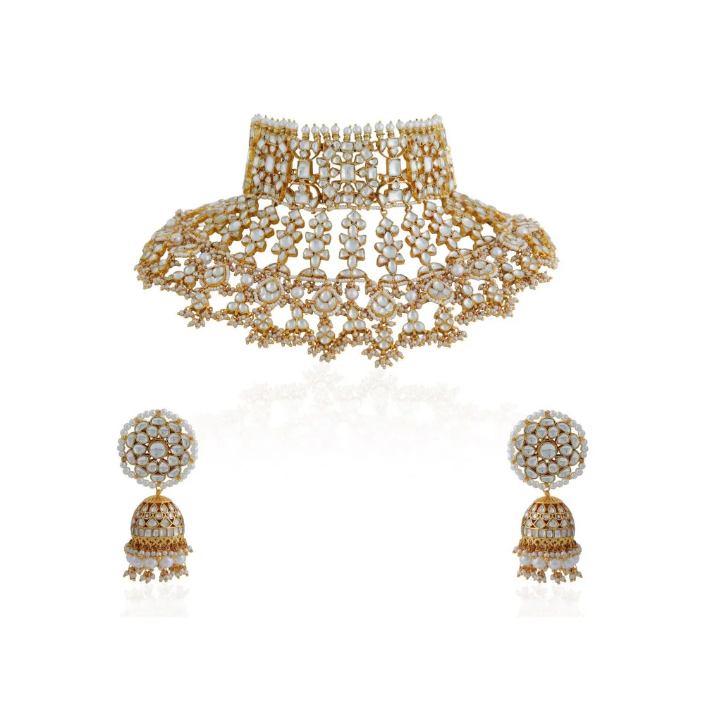 RIANA JEWELLERY Gold Plated White Bridal Necklace With Jhumki/Traditional Wear Jadau Necklace Set - Image 3