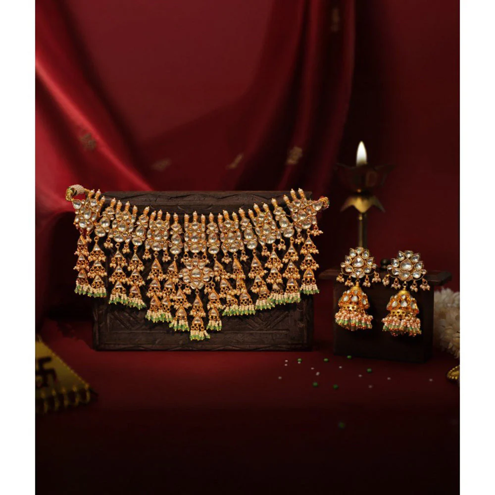 RIANA JEWELLERY Heavy Jadtar Kundan Set With Pearl And Jhumki's - Image 3