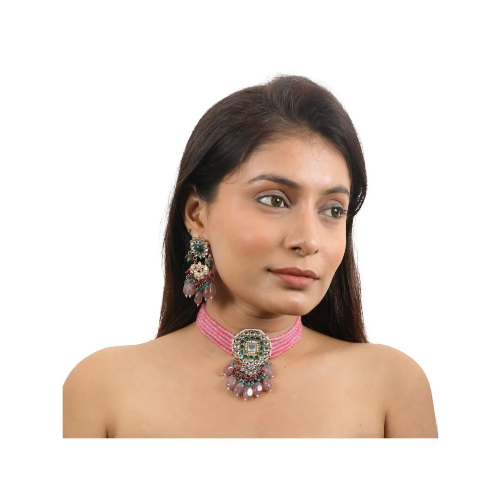 RIANA JEWELLERY Pink Choker Necklace Set - Image 3