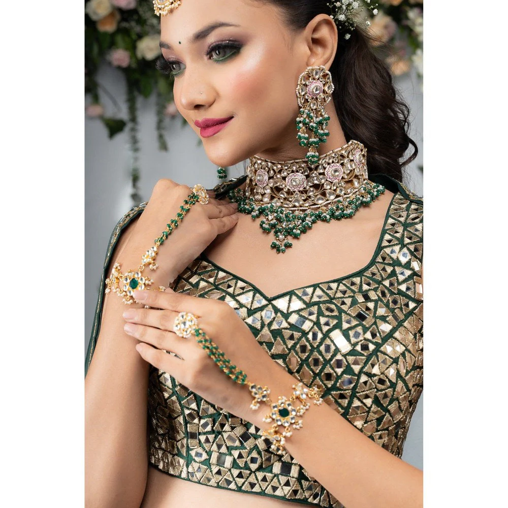RIANA JEWELLERY Pink Minakari Necklace With Green Hangings Wedding Wear Necklace Set - Image 3