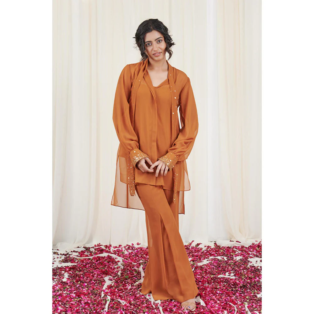 RIRASA Kapitth Set Mustard Sequin High Low Top With Pants - Image 4