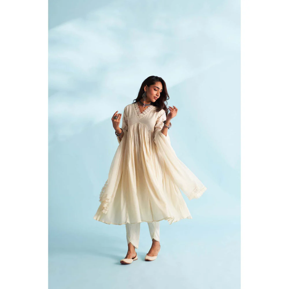 Roze Arisha Ivory Anarkali Kurta with Tulip Pant and Dupatta (Set of 3) - Image 4