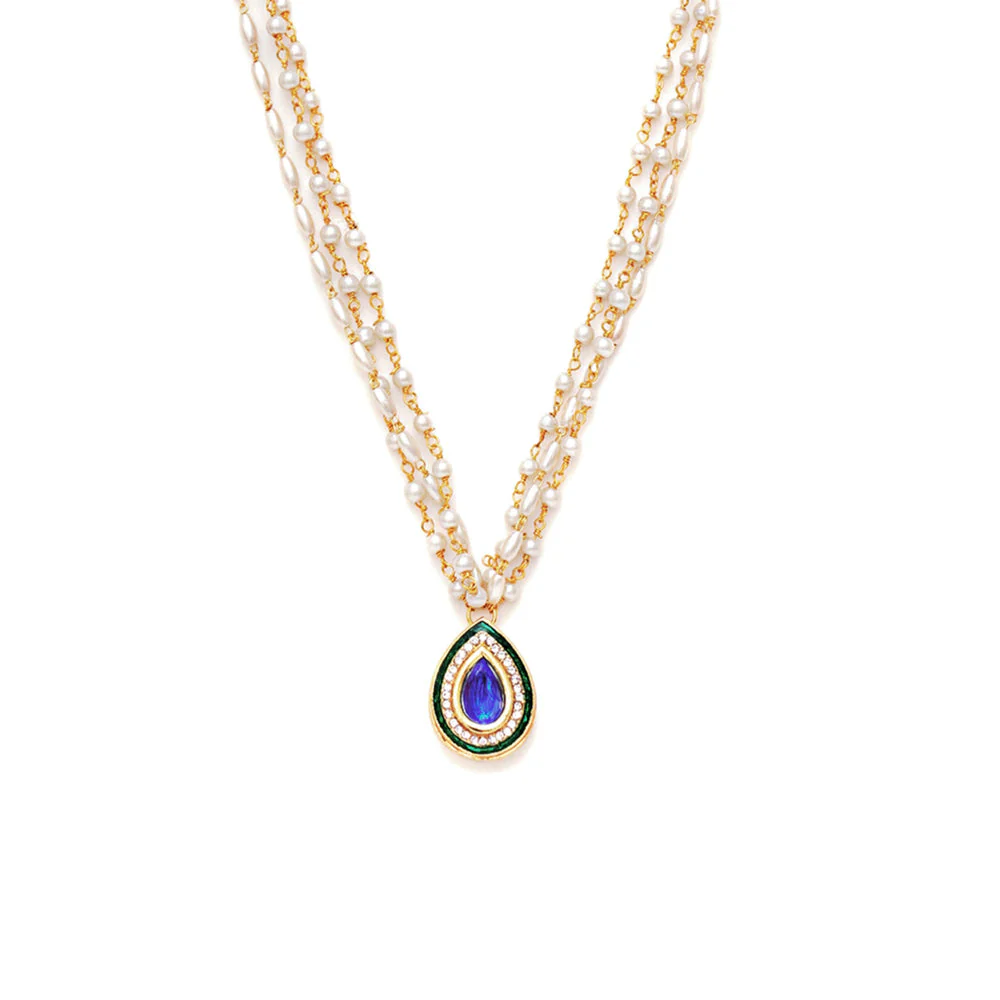 Ruby Raang Studio Blue & Green Stone Neckpiece in Pearls - Image 4