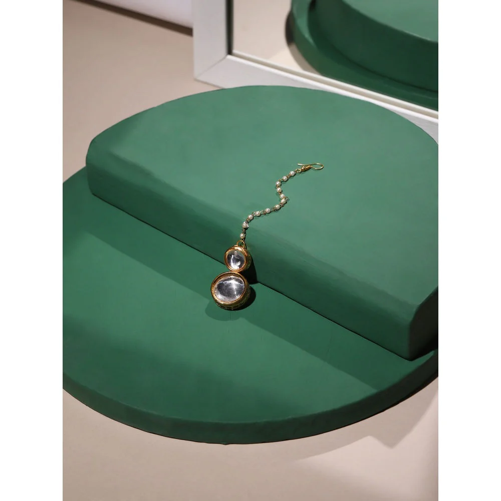 Ruby Raang Studio Double Kundan Maang Tikka With Pearl String - Image 4