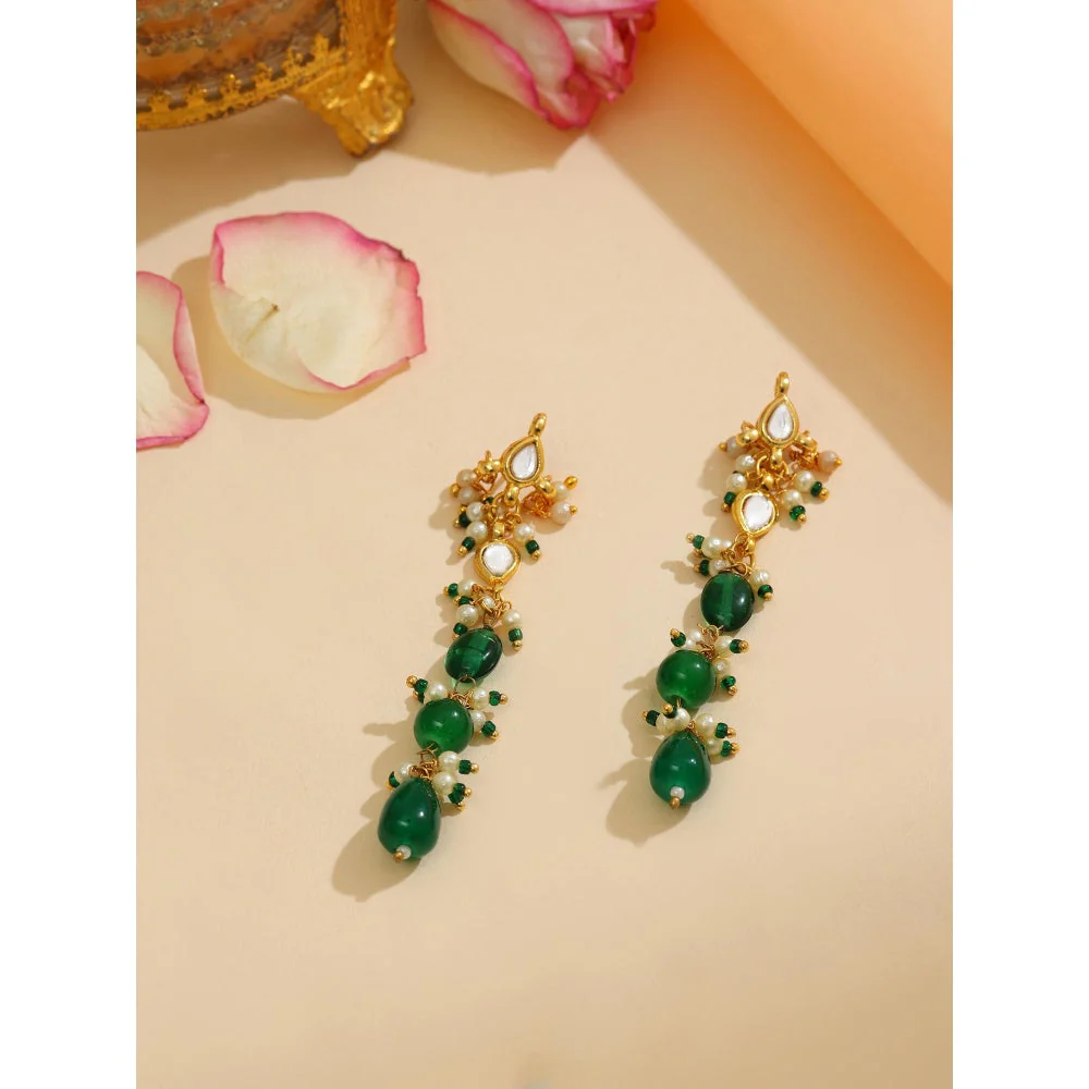 Ruby Raang Studio Emerald Green Long Kundan Drop Earrings - Image 2
