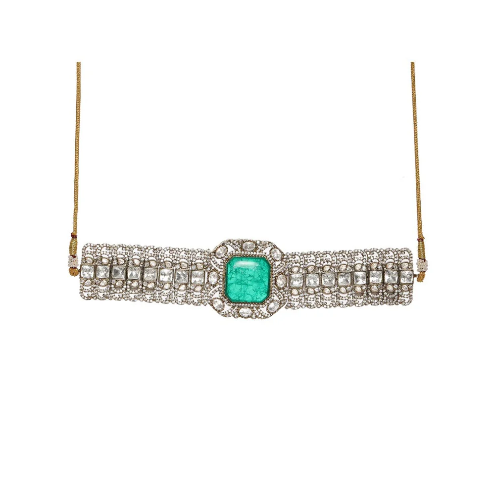 Ruby Raang Studio Emerald Stone with Diamonds and Moissanite Choker and Studs - Image 2