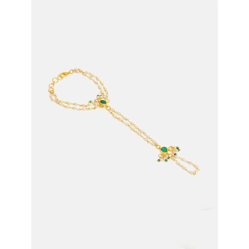 Ruby Raang Studio Green Aura Kundan Earrings with Maang Tikka and Hand Harness - Image 4