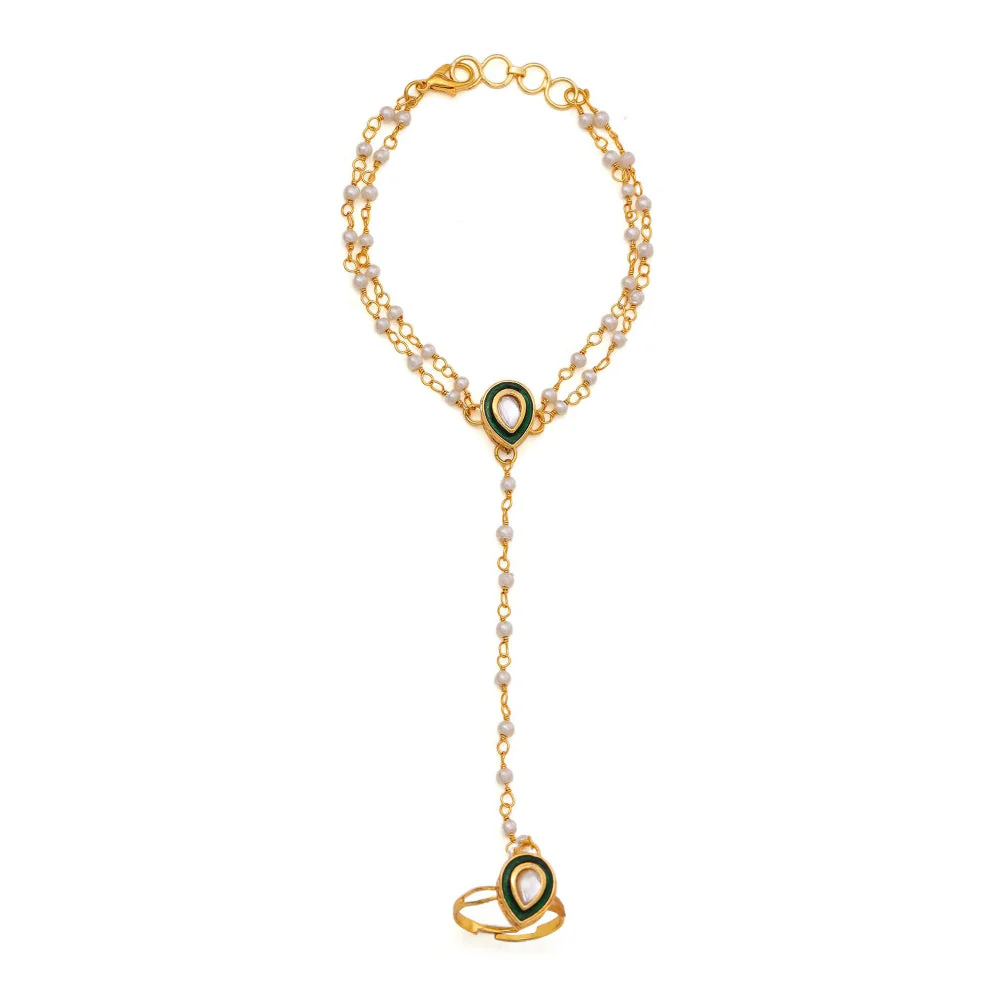 Ruby Raang Studio Green Brass Gold Plated Kundan Hathphool - Image 3
