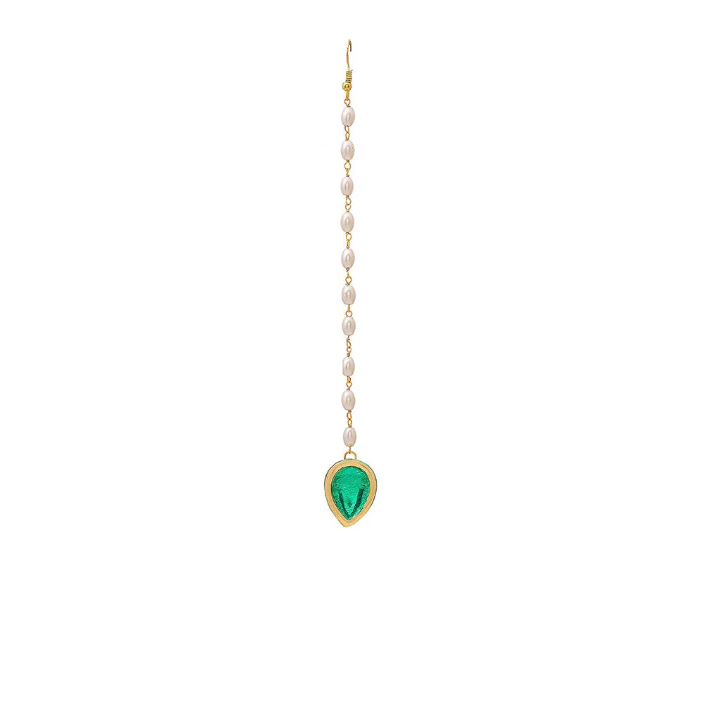 Ruby Raang Studio Green Brass Gold Plated Kundan Maang Tikka - Image 3