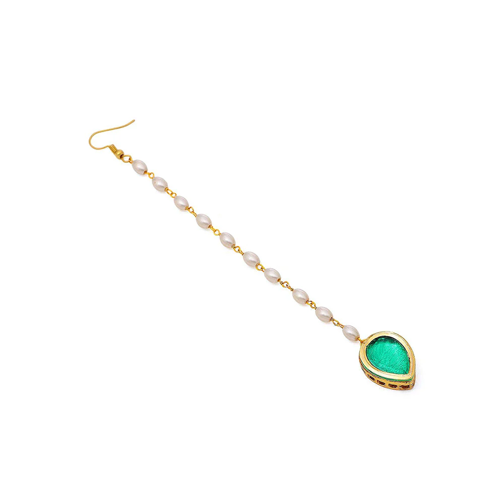 Ruby Raang Studio Green Brass Gold Plated Kundan Maang Tikka - Image 4