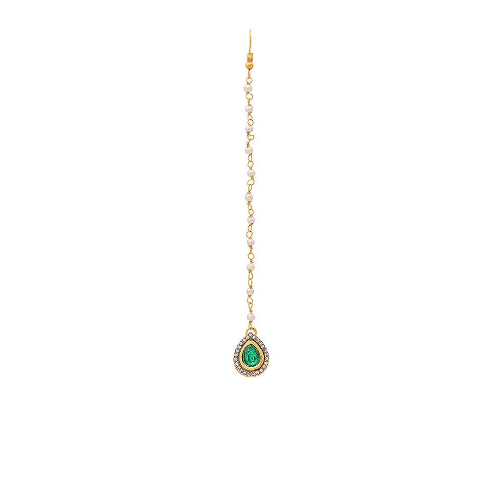 Ruby Raang Studio Green Brass Gold Plated Kundan Maang Tikka - Image 3