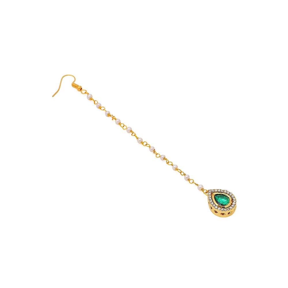 Ruby Raang Studio Green Brass Gold Plated Kundan Maang Tikka - Image 4