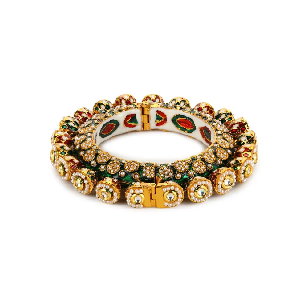 Ruby Raang Studio Green Enamelled Gold Plated Kundan Bangle - Image 4