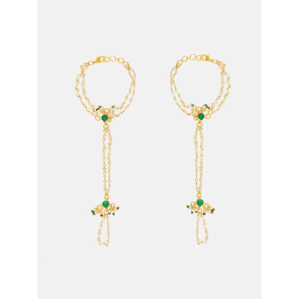 Ruby Raang Studio Green White Kundan Pearls Hand Harness - Image 3