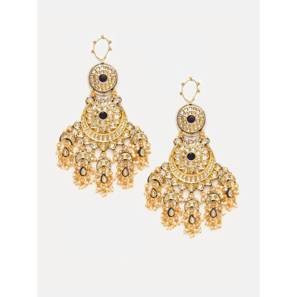 Ruby Raang Studio Navy Blue and White Kundan Attached Ear Chain Chandbali Earrings - Image 3