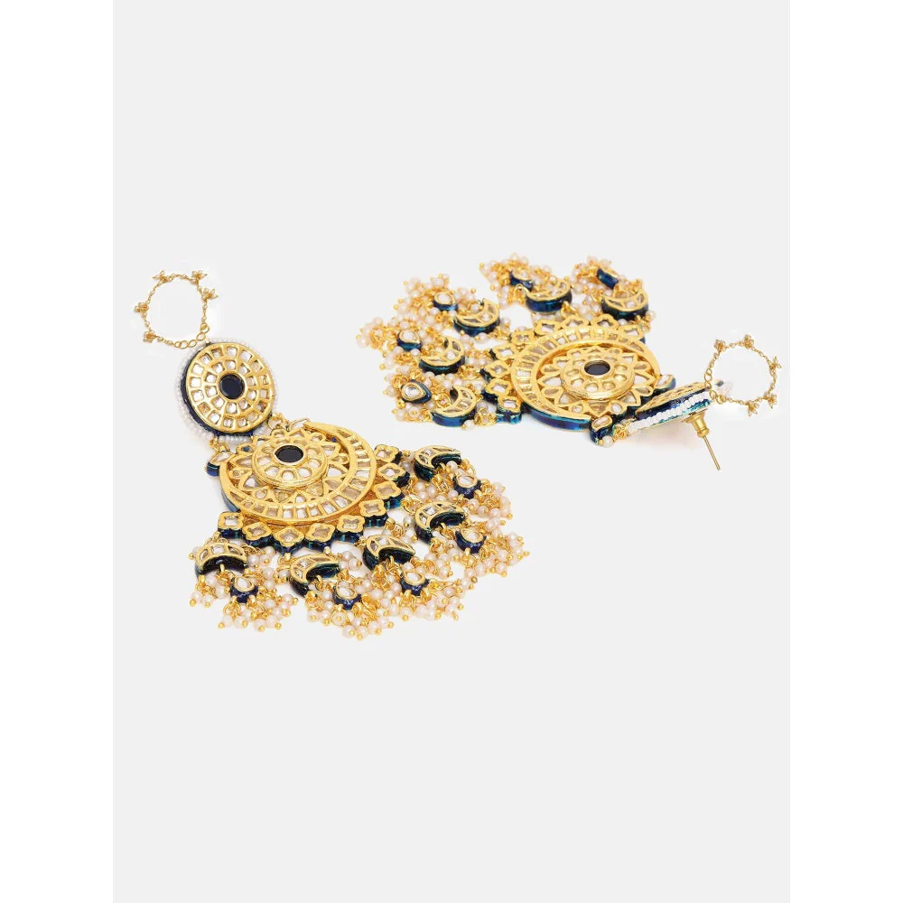 Ruby Raang Studio Navy Blue and White Kundan Attached Ear Chain Chandbali Earrings - Image 4