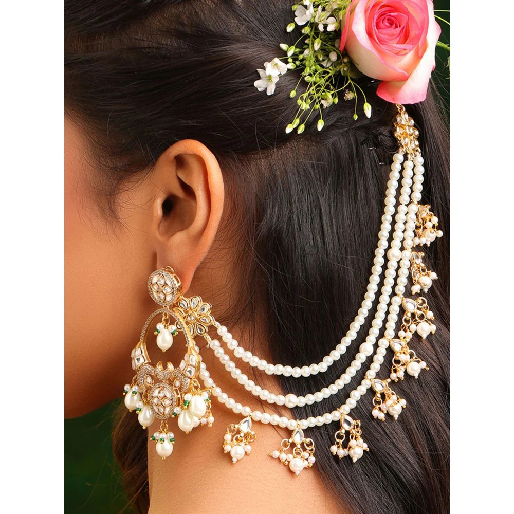 Ruby Raang Studio White 3-Layered Kundan Ear Chain