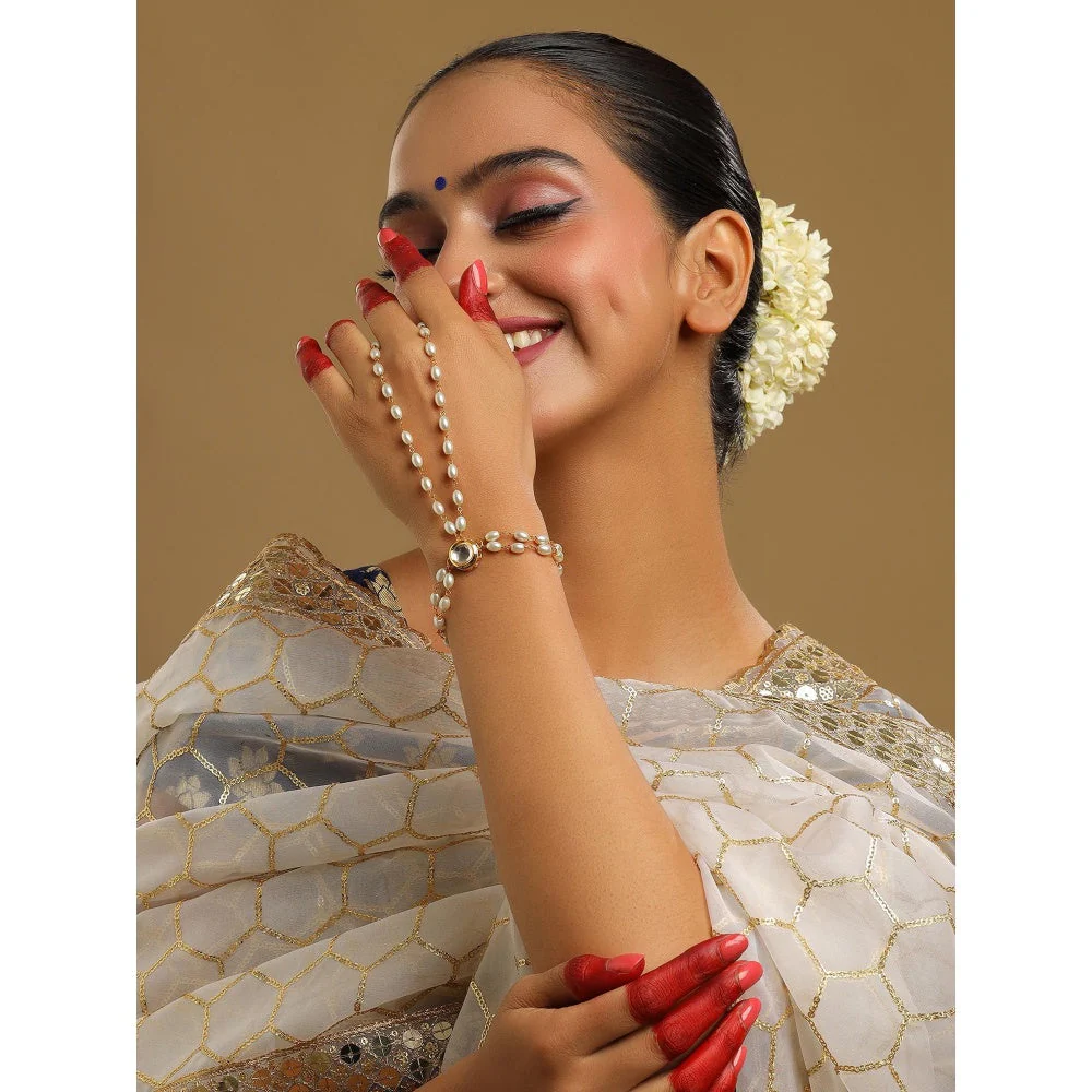 Ruby Raang Studio White Brass Gold Plated Kundan Hathphool