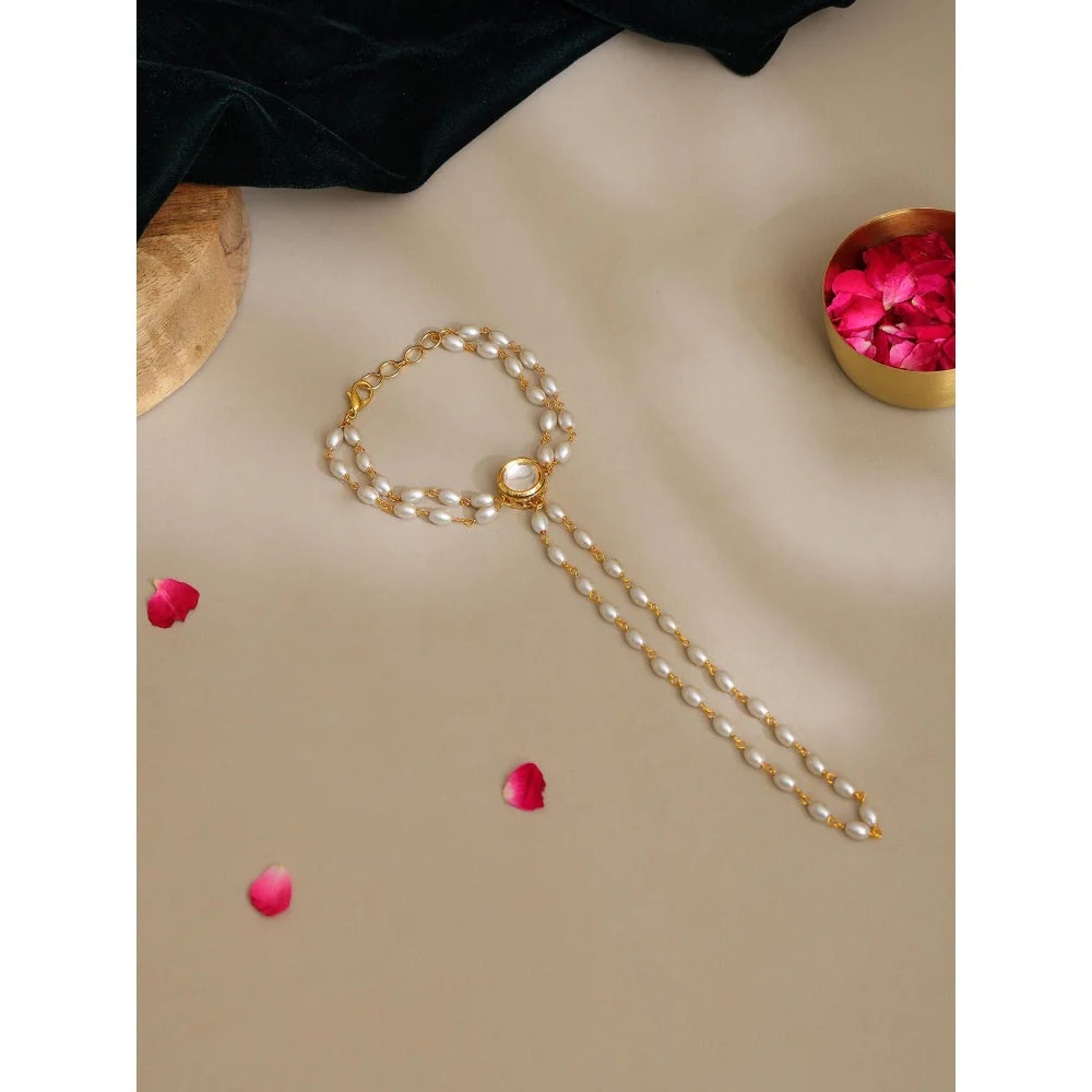Ruby Raang Studio White Brass Gold Plated Kundan Hathphool - Image 2