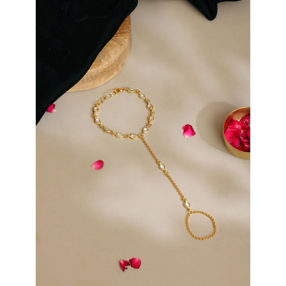 Ruby Raang Studio White Brass Gold Plated Kundan Hathphool - Image 2
