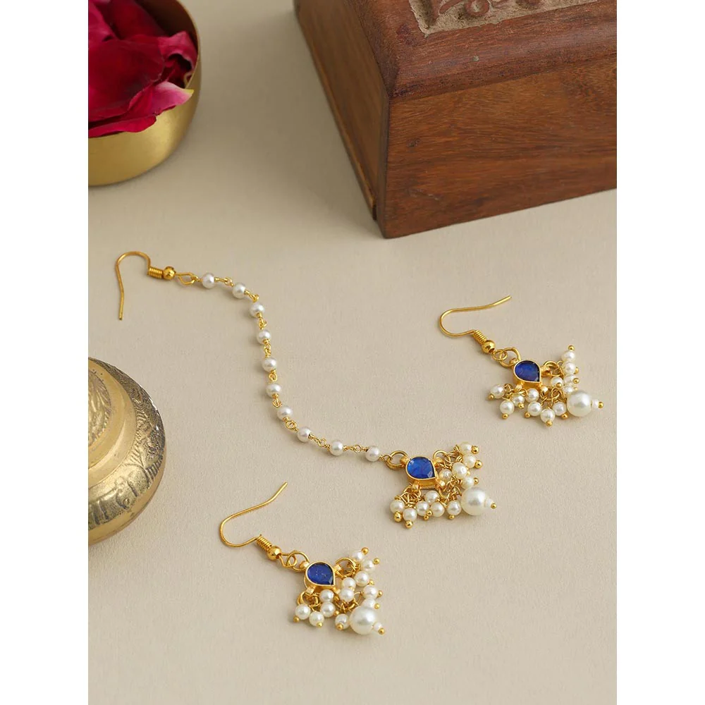 Ruby Raang Studio Womens Blue Kundan Maan Tikka with Earrings - Image 2