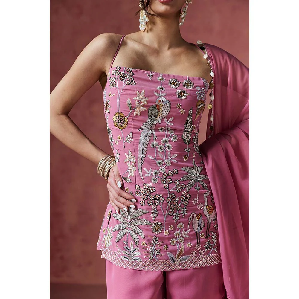 Saanjh by Lea Pink Falak Embroidered Kurti with Sharara & Dupatta - Image 6
