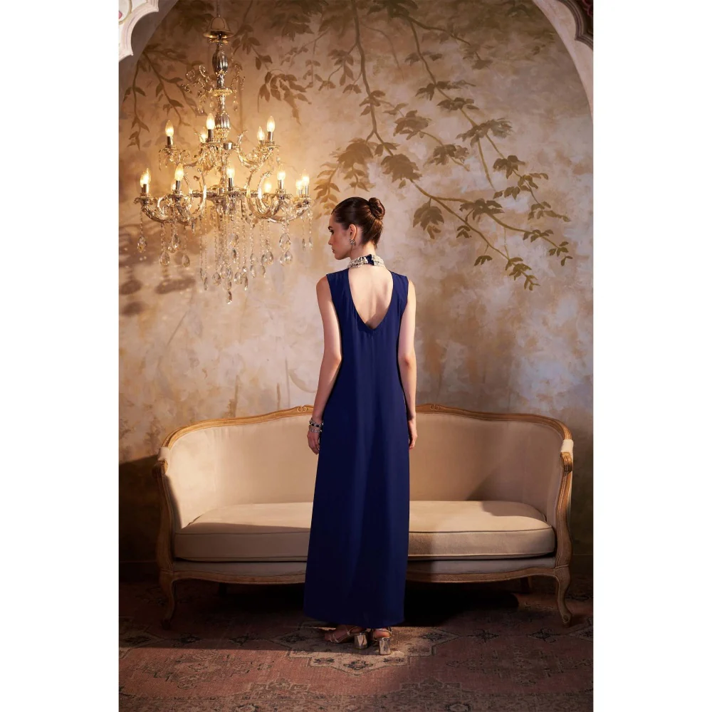 SAKSHI G CHAWLA Georgette Turtle Neck Blue Embroidered Kaftan Dress - Image 2