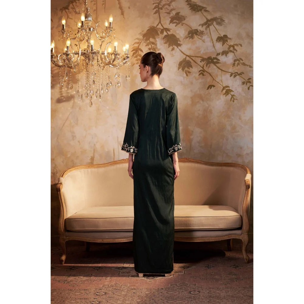 SAKSHI G CHAWLA Satin V-Neck Green Floral Kaftan Dress - Image 2