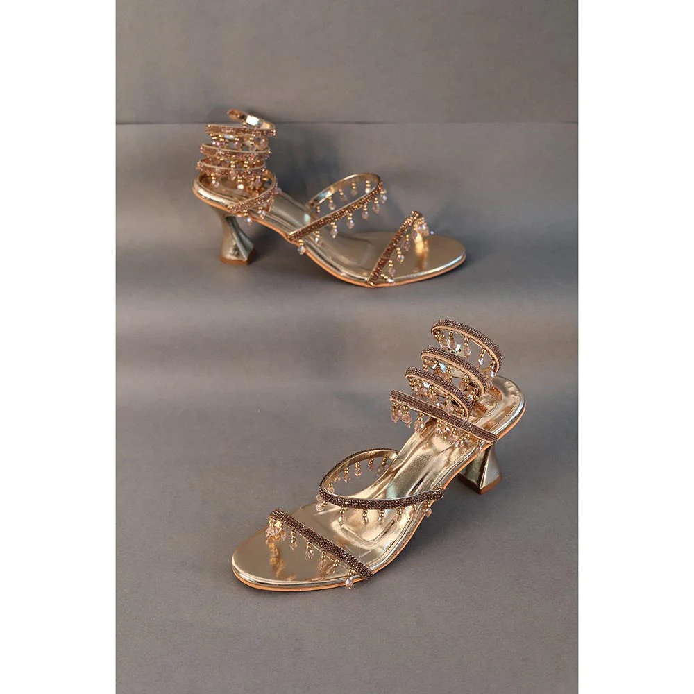 Sana K Luxurious Footwear Champagne Gold Spring with Emblishment Heel Sandals - Image 2